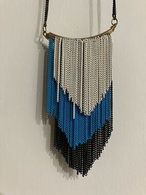 Fringe Layered Chain Necklace in Silver, Blue & Black - Women Jewelry